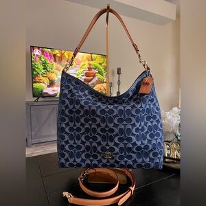 Coach Laurel LARGE  in signature print Denim w/ leather shoulder and crossbody